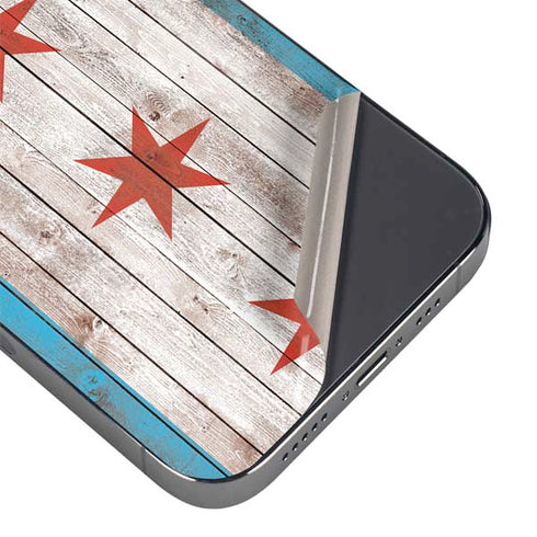Chicago Flag Dark Wood iPhone 14 Pro Skin